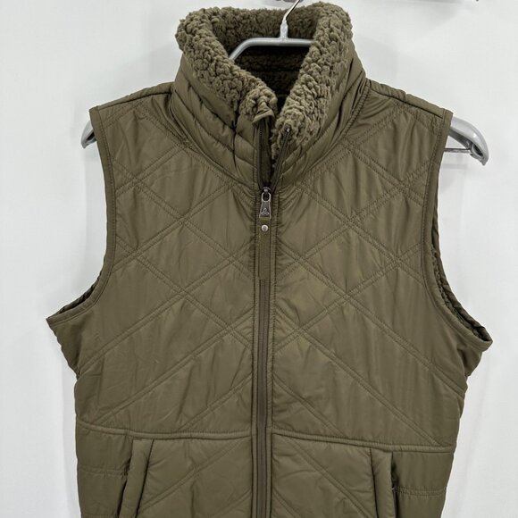 Prana Women's Olive Green Encinitas Quilted Vest size S Sherpa Fleece Lining - Picture 3 of 9